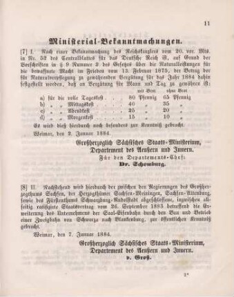 7. Ministerial-Bekanntmachung, die Vergütungssätze für Natural-Verpflegung der bewaffneten Macht im Frieden im Jahre 1884 betreffend