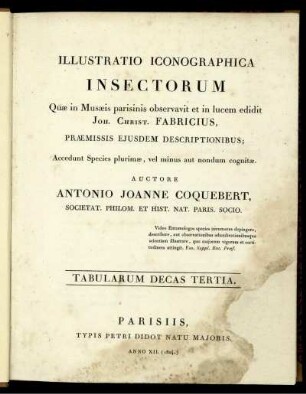 Tabularum decas tertia: Illustratio iconographica insectorum. Tabularum decas tertia