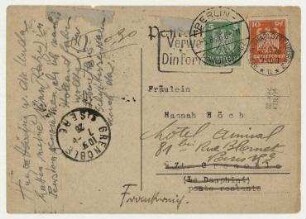 Postkarte von Hugo Häring an Hannah Höch mit Anmerkung von Hannah Höch. Berlin