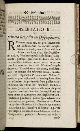Dissertatio III. De privata Remediorum Dispensatione.
