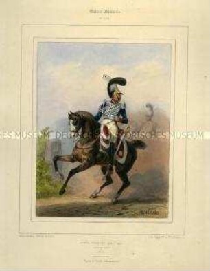 Uniformdarstellung, Reiter der Garde du Corps zu Pferd, Königreich Frankreich, 1815/1830. Tafel Nr. 91 aus: Galerie Militaire.