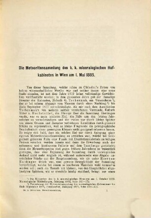 Die Meteoritensammlung des k.k. mineralogischen Hofkabinetes in Wien am 1. Mai 1885