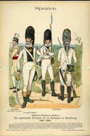 Uniformdarstellung, Grenadiere und Grenadier-Offizier der Infanterie, Königreich Spanien, 1807/1808.