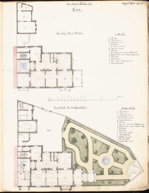 Villa, Gera Monatskonkurrenz April 1878: Lageplan mit Grundriss Erdgeschoss, Obergeschoss; Maßstabsleiste, Raumplan