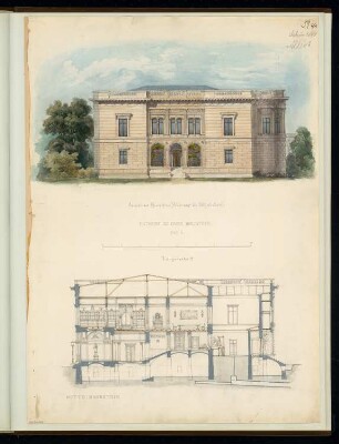 Bibliothek Monatskonkurrenz Februar 1864: Aufriss Rückansicht, Längsschnitt; Maßstabsleiste
