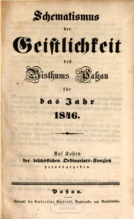Schematismus des Bistums Passau. 1846, 1846