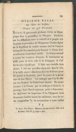 Dixieme Essai: Sur l'Etat des Présides. Stato de gli Presidii.