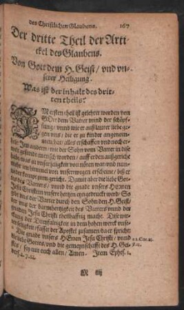 Der dritte Theil der Artickel des Glaubens. Von Gott dem H. Geist/ und unserer Heiligung.