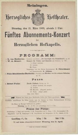 Theaterzettel für das Fünfte Abonnements-Konzert der Herzoglichen Hofkapelle in der Spielzeit 1892/93 des Herzoglichen Hoftheaters in Meiningen.