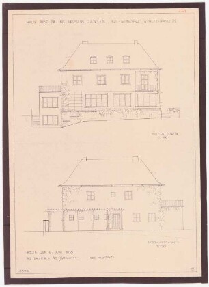 Haus Jansen, Berlin-Grunewald: Ansicht Eingangsseite mit Gartenseite 1:100