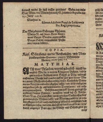 K2v-K3r, Copia, kayserlichen Schreibens an die Reichstädt mit Überschickung etlicher Patenten contra Böheimische Werbung ultimo Juni 1618.