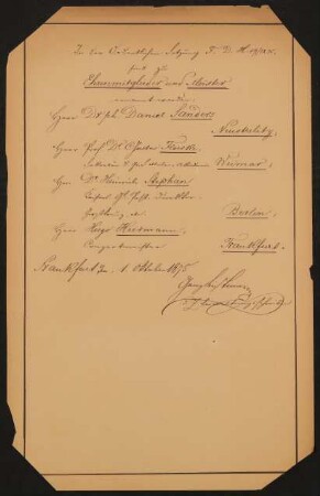 Liste "In der Ordentlichen Sitzung F.D.H. 19.09.1875 sind zu Ehrenmitglieder und Meister ernannt worden"