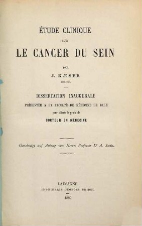 Étude clinique sur le cancer du sein : Inaug.-Diss. d. U. Basel