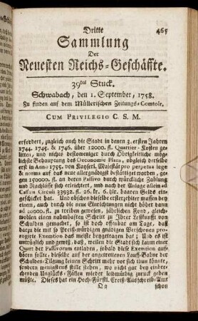 39tes Stuck. Schwabach, den 1. September, 1758.