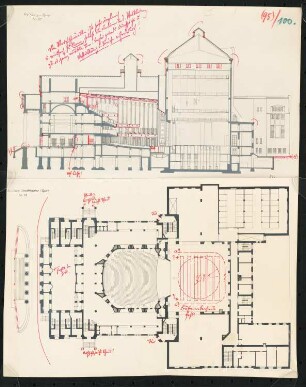 Stadttheater, Duisburg: Grundriss und Längsschnitt