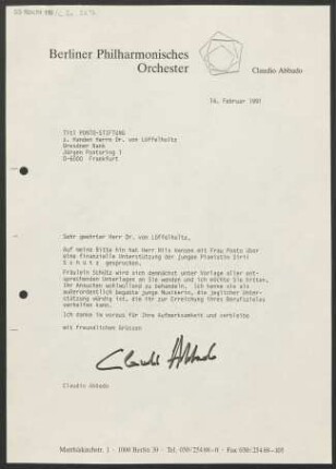 Brief an Bernhard von Loeffelholz an Jürgen-Ponto-Stiftung zur Förderung Junger Künstler, 14.02.1991