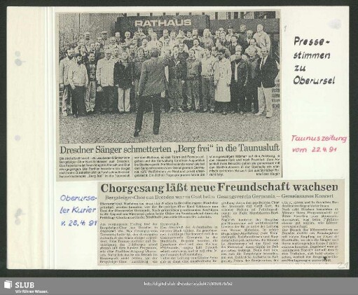 Pressestimmen zum Auftritt (hier vor dem Rathaus Oberursel) : Dirigent: Karl-Heinz Hanicke