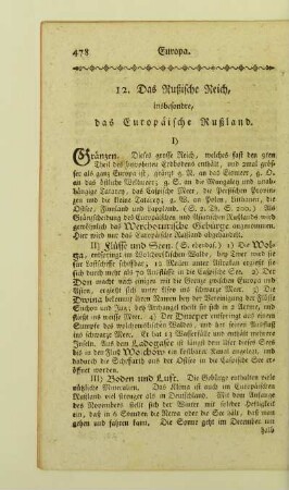 12. Das Rußische Reich, insbesondre, das Europäische Rußland