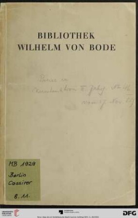 Ausstellung / Paul Cassirer ; Hugo Helbing: Bibliothek Wilhelm von Bode : Versteigerung 8.November 1929