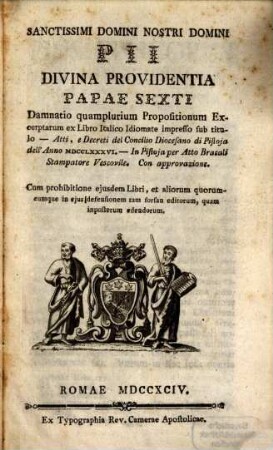 Damnatio quamplurimum Propositionum excerpt. ex Libro Ital. idiomate ... su titulo Atti et Decreti del Concilio di Pistoia 1786