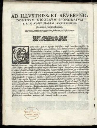 Dedikation an Nicolaus Sfondratum Kardinal von Cremona