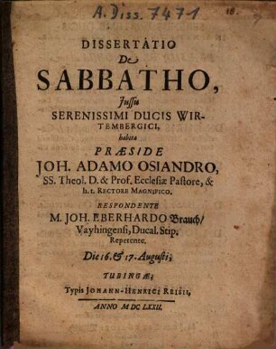 Dissertatio De Sabbatho