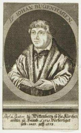 Halbfiguriges Bildnis des Reformators Johannes Bugenhagen mit aufgeschlagenem Buch in Oval über einer Steinbrüstung