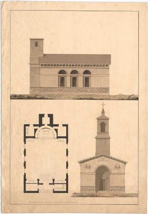 Voit, Johann Michael; Saalkirche mit 3 Seitenfenstern - Grundriss, Ansichten