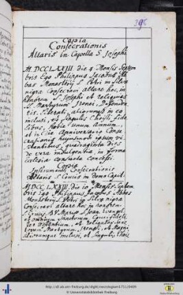 Consecrationis Altaris in Capella S. Josephi.