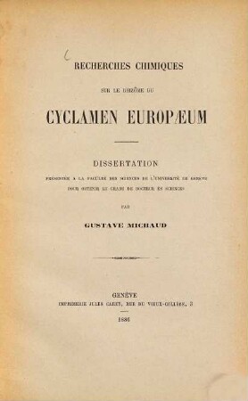 Recherches chimiques sur le Rhizôme du Cyclamen Europaeum : Dissertation