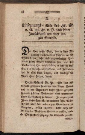 X. Einsegnungs-Rede des Hr. M. v. R. mit Fr. v. D. nach seiner Zurückkunft von einer langen Seereise.