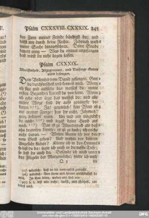 Psalm CXXXIX. Allwissenheit, Allgegenwart, und Vorsorge Gottes wird besungen,