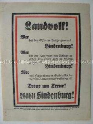 Aufruf an die Landbevölkerung zur Wahl Handenburgs bei der Reichspräsidentenwahl 1932