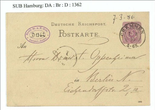 Postkarte an Franz Oppenheimer