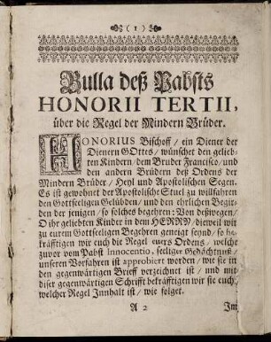 Bulla deß Pabsts Honorii Tertii, über die Regel der Mindern Brüder