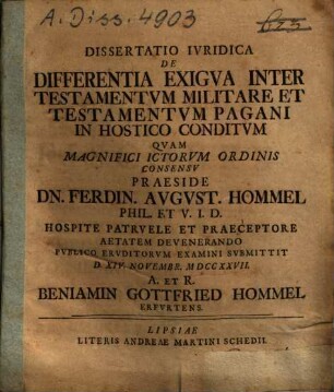 Dissertatio iuridica de differentia exigua inter testamentum militare et testamentum pagani in hostico conditum