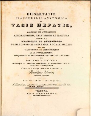 Diss. inaug. anat. de vasis hepatis : acced. tabul. litho. impress.