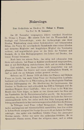 Nekrolog des Direktors Dr. Oscar v. Fraas