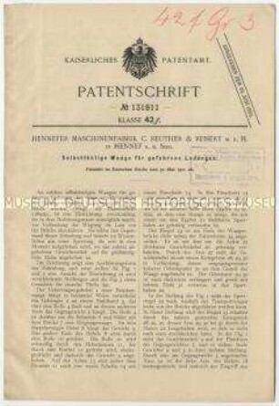 Patentschrift einer selbsttätigen Waage für gefahrene Ladungen, Patent-Nr. 131811