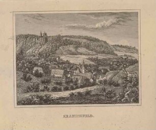 Ortsansicht von Kranichfeld im Ilmtal in Thüringen mit dem Oberschloss und der Kirche, aus Schiffners Beschreibung von Sachsen um 1840