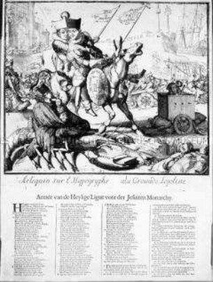 Karikatur auf den Kreuzzug der "Heiligen Liga" von Ludwig XIV. und Jakob II. gegen den Protestantismus: Die beiden Monarchen ziehen vereint unter einer großen Jesuitenkappe auf einem widerborstigen Esel in den Heiligen Krieg nach Irland