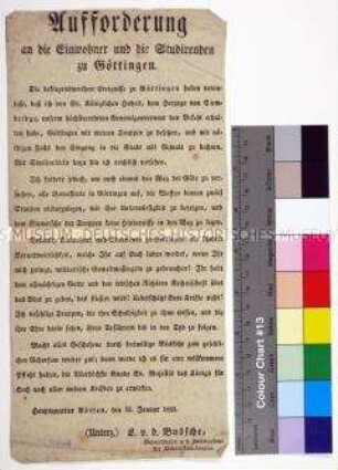 Aufforderung von Generalmajor von dem Bussche an die Göttinger Aufständischen zur Waffenniederlegung vor dem Einmarsch der Truppen