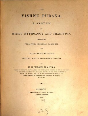 The Vishnu Purana : a system of Hindu Mythology and Tradition