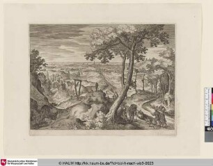 [Landschaft mit Galgen und einem Hirten im Zentrum; Landscape with gallows, right four figures and pigs]