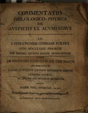Commentatio philologico-physica de auspiciis ex acuminibus