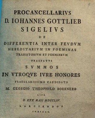 De differentia inter feudum hereditarium in foeminas transitorium et foemineum ...