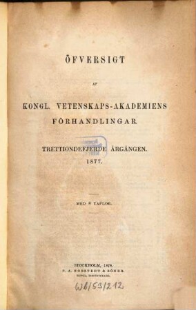 Öfversigt af Kongliga Vetenskaps-Akademiens förhandlingar. 34. 1877 (1878)