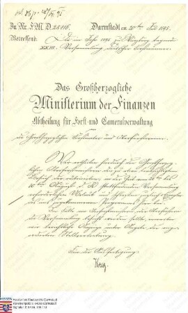 Anweisung: Vom 26. bis 30. August 1895 findet in Würzburg die XXII. Versammlung der Deutschen Forstmänner statt. Wer von den Hessischen Oberforstmeistern die Absicht hat, die Versammlung zu besuchen, soll rechtzeitig hierfür den erforderlichen Urlaub beantragen und den Stellvertreter bekanntgeben