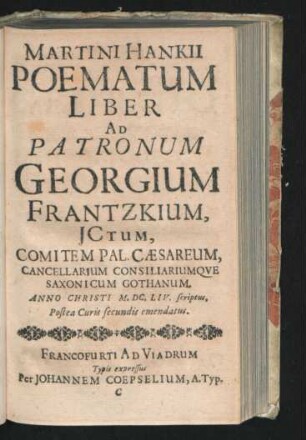 Pematum Liber Ad Patronum Georgium Frantzkium