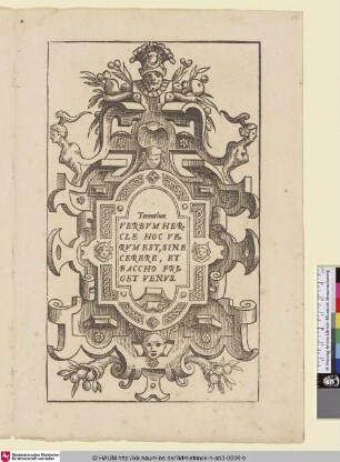 [Kartusche mit Masken Zitat von Terentius; Cartouche met een citaat van Terentius]